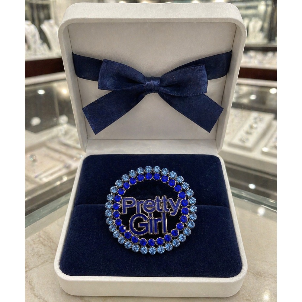Pretty Girl Blue Rhinestone Circle Brooch Pin Silver‎ Tone Sorority Gift Boxed